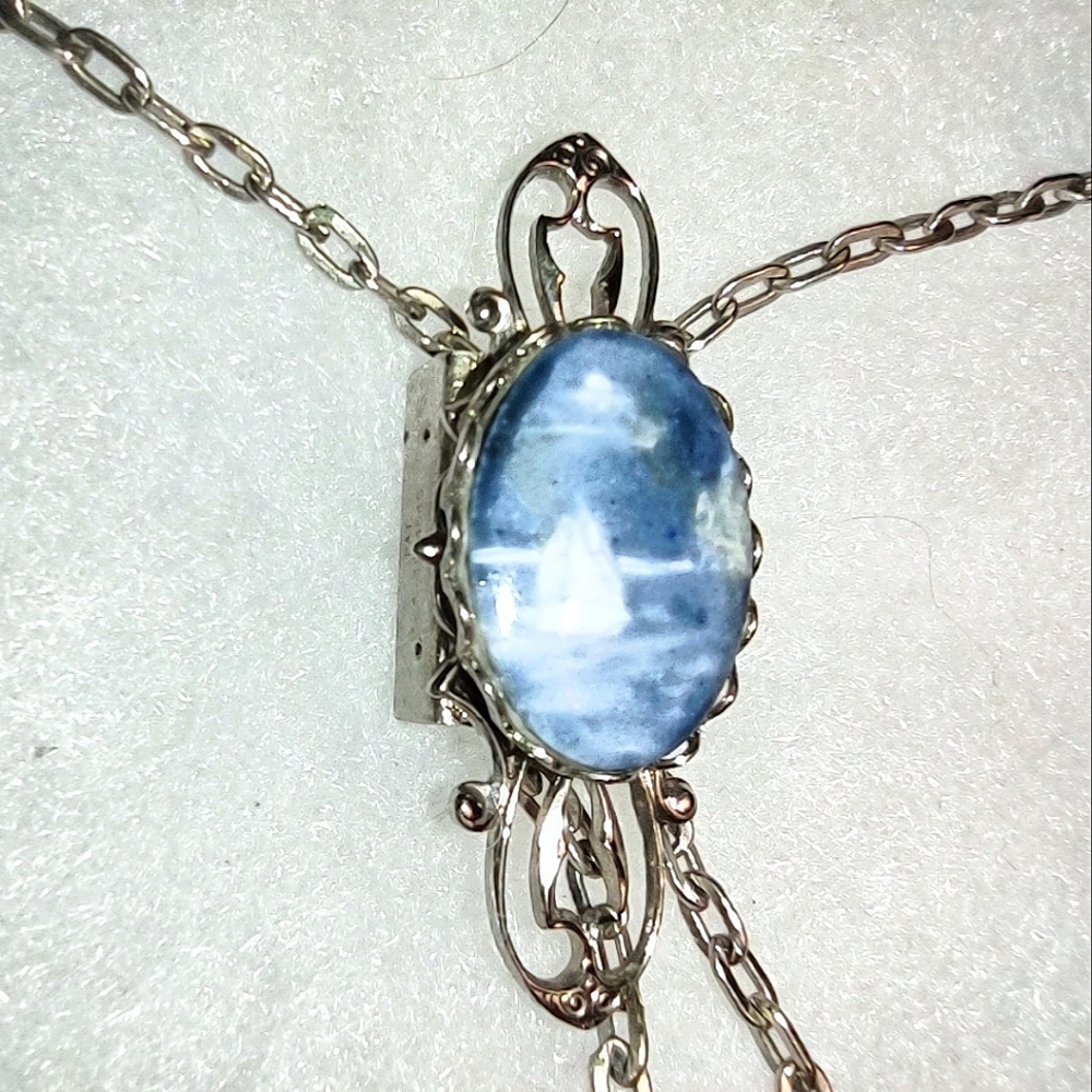Blue & White Sailboat Image Cabochon Bolo Necklace Silver Metalwork